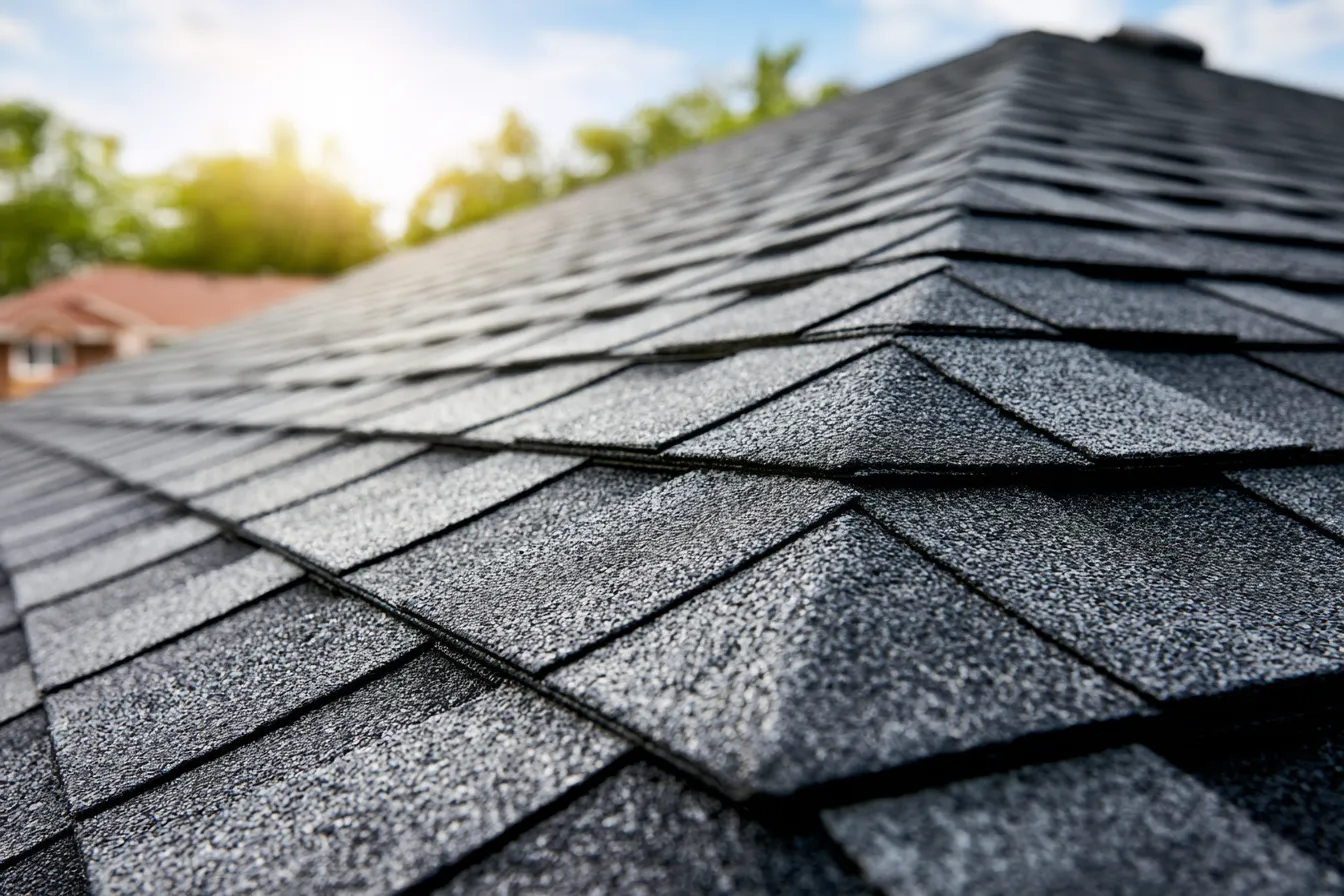 Low angle view of charcoal architectural shingles rising toward a ridge