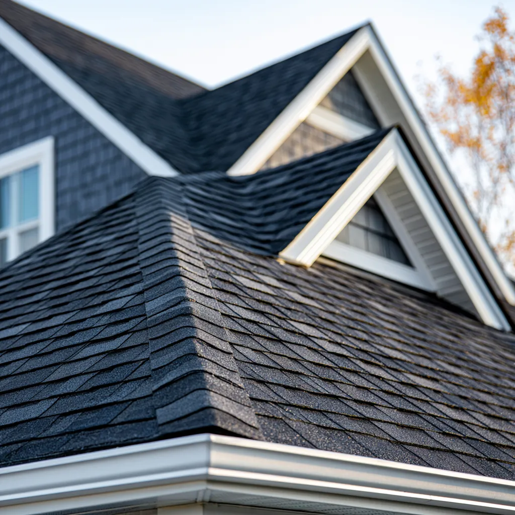 White trimmed gable dormers above dark shingle roof planes