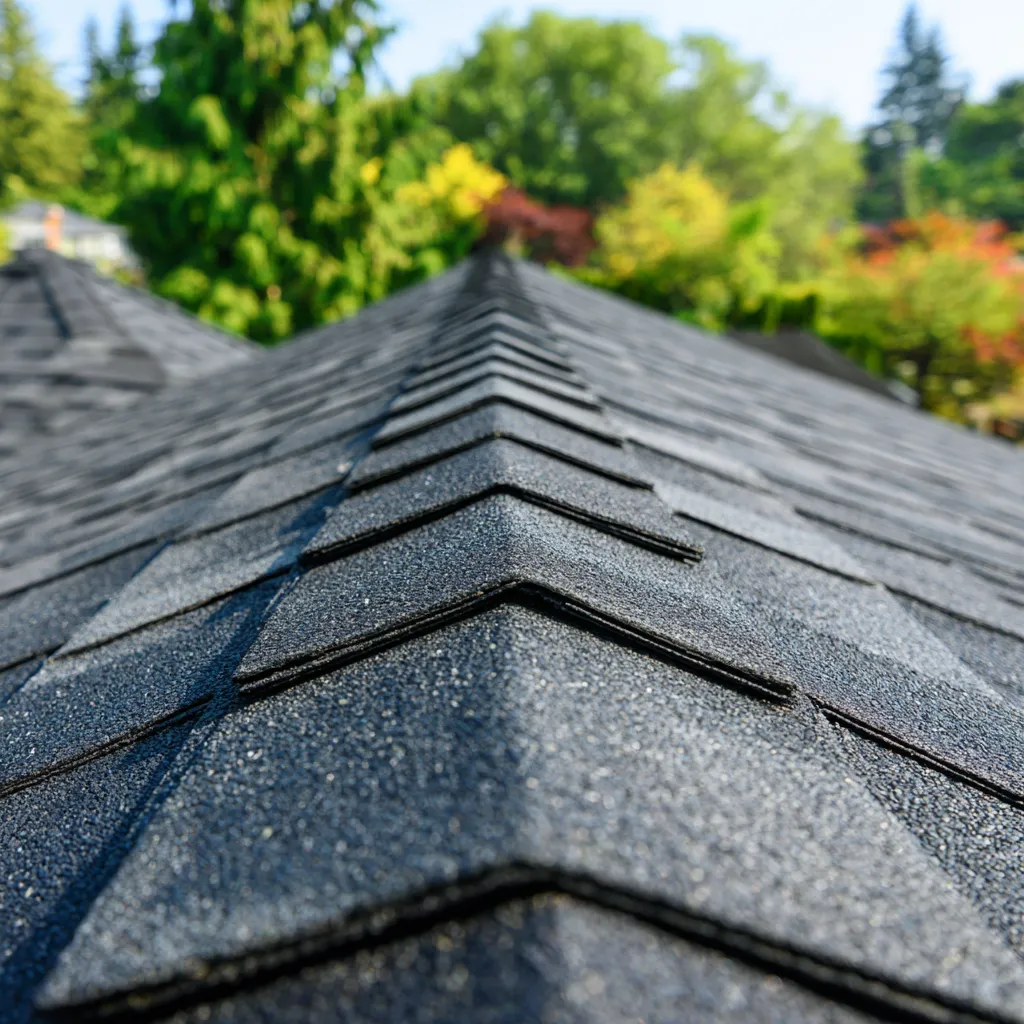 Chevron ridge cap shingles on a black roof near lush trees