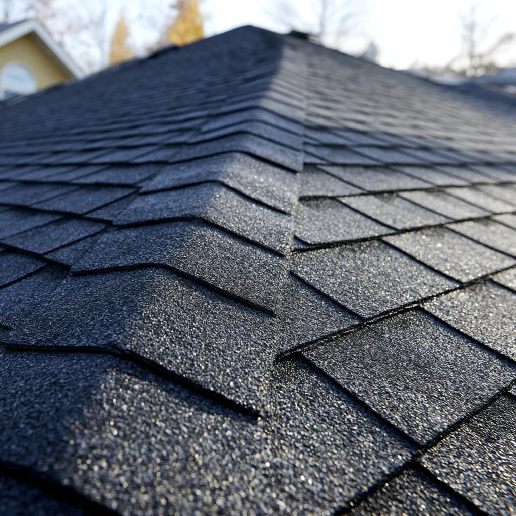 Winter light sparkling on a black shingle hip ridge near a yellow house