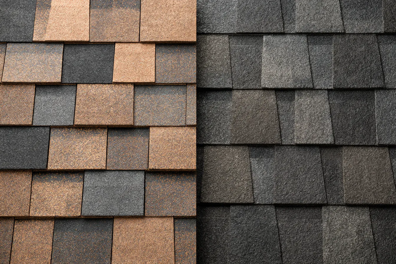 Side-by-side close-up view of asphalt shingles in contrasting color tones