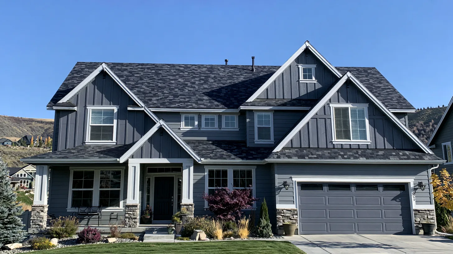 Gray two-story home with continuous dark shingles across its roof slopes.