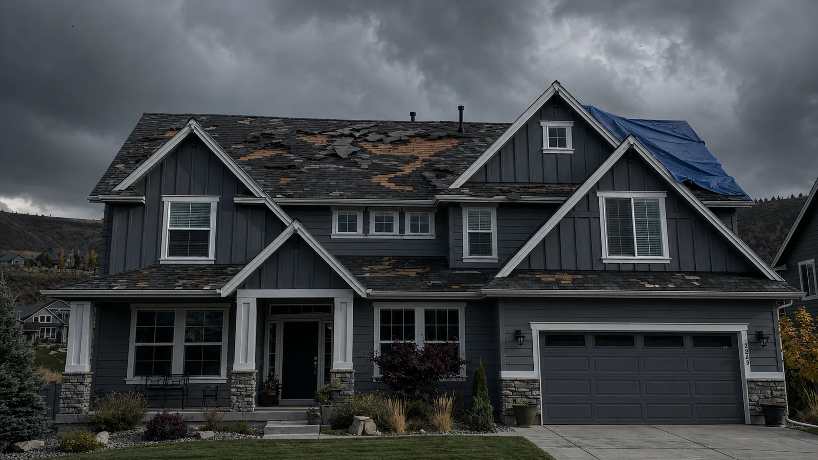 Gray two-story home with missing roof shingles and a temporary blue tarp.