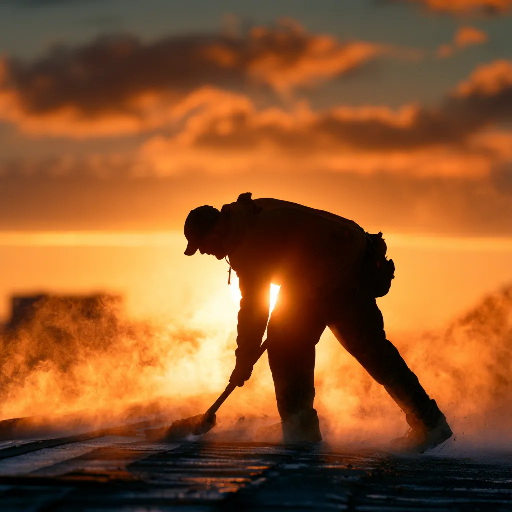 A roofer scraping a roof amid rising dust at sunset