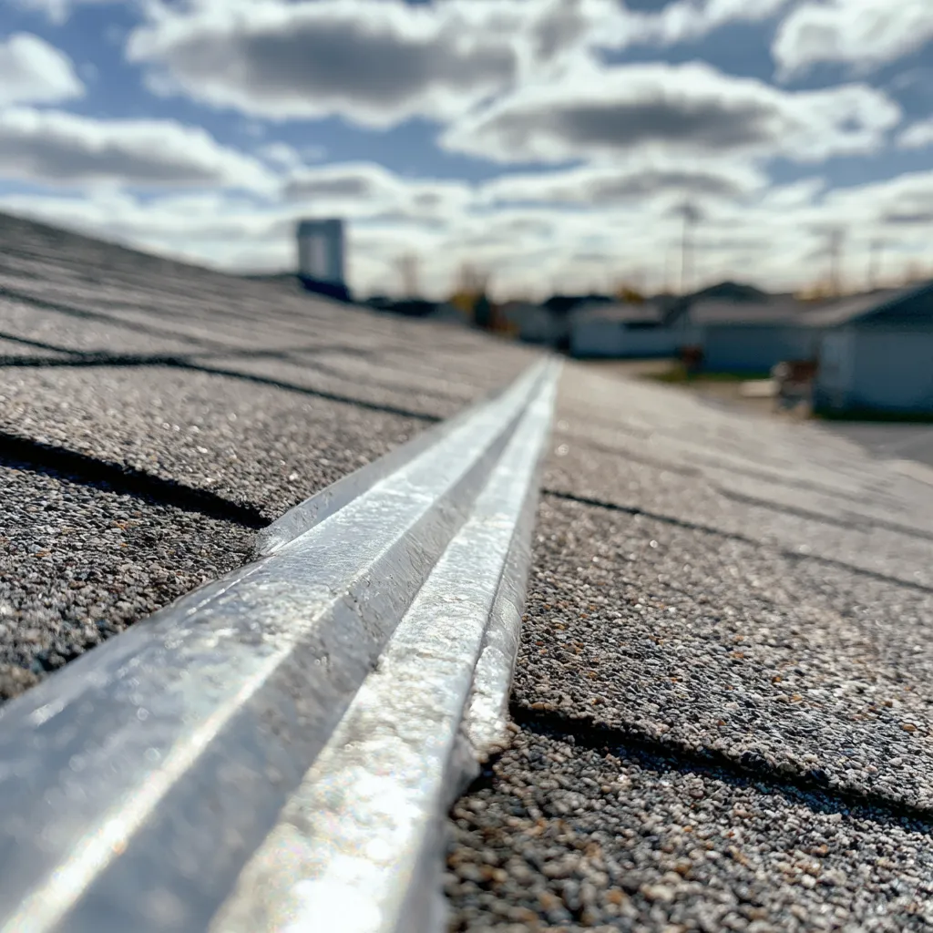 Granular shingle roof crossed by a raised metal flashing strip