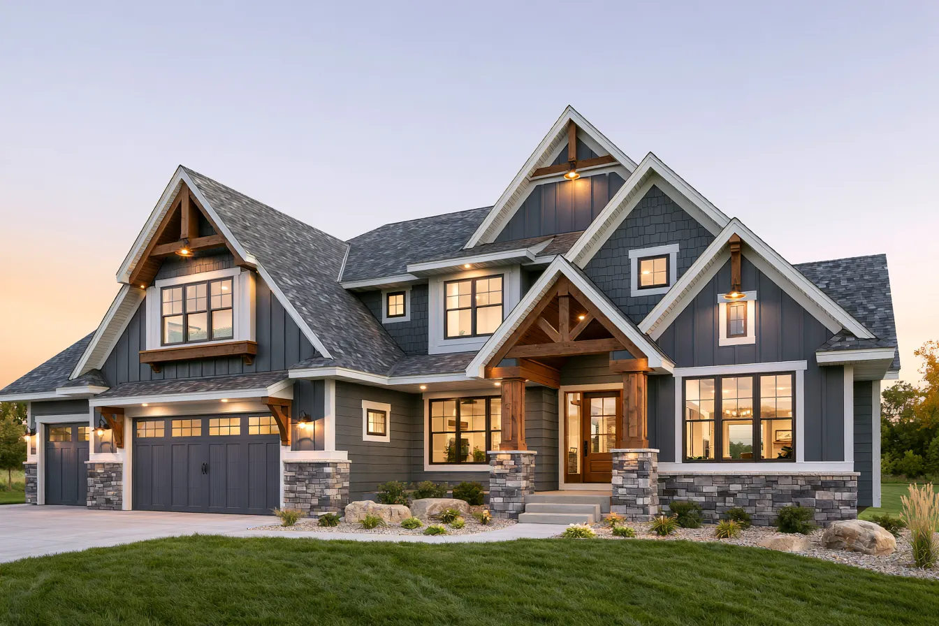 Timber gable beams and dark siding mark this two-story craftsman home topped by a gray shingle roof