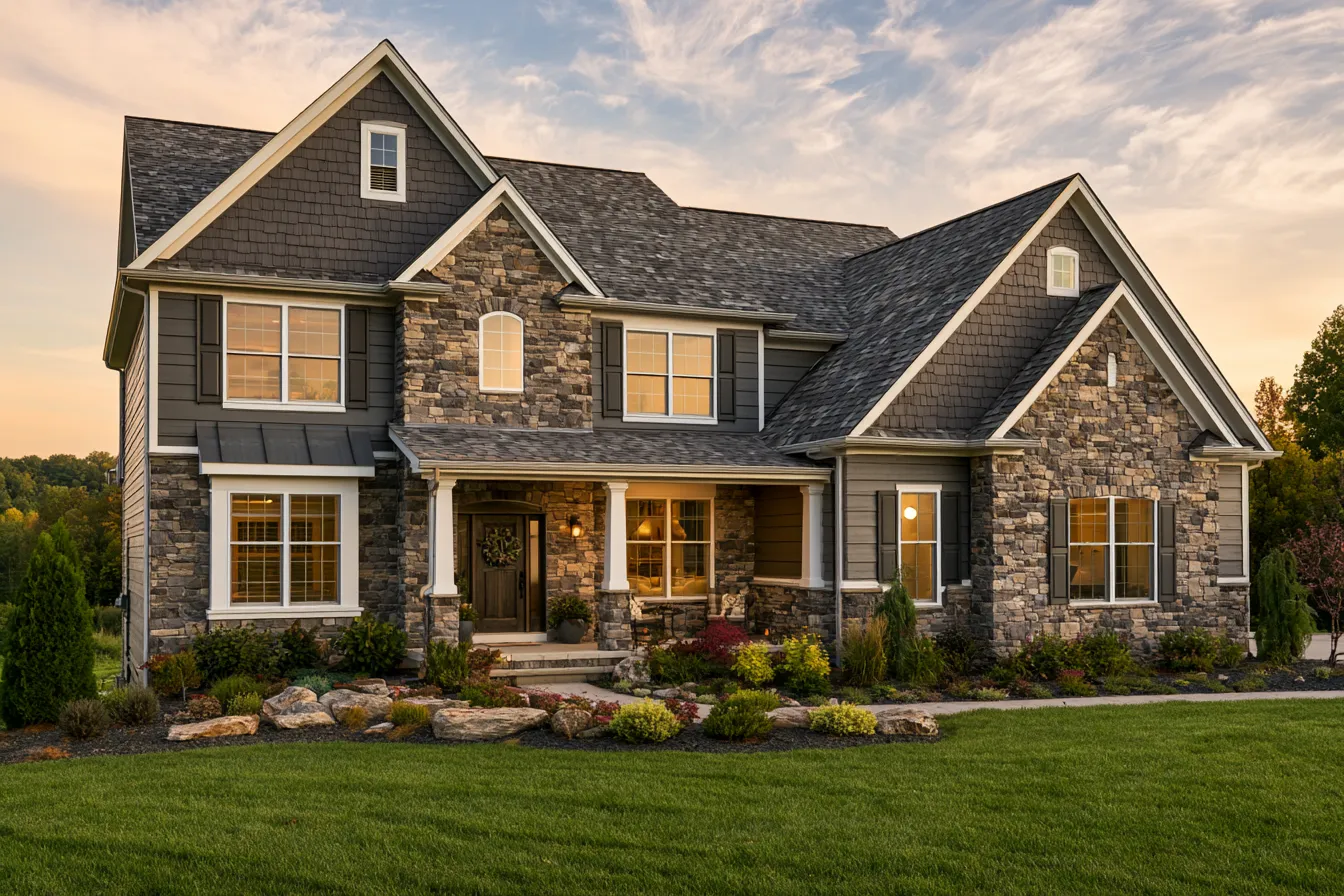 A covered porch and stone accents mark this two-story home topped by a dark gray shingle roof