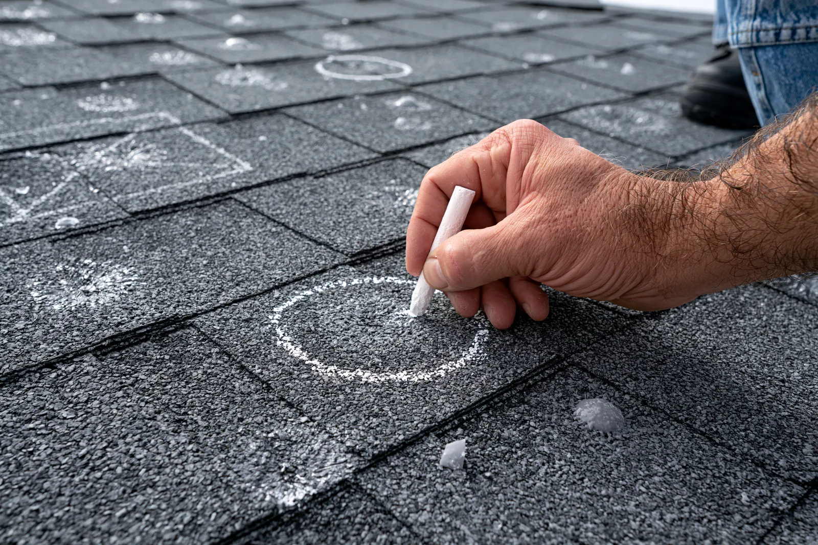 Hail damage on a shingle roof is marked with chalk by a roofer
