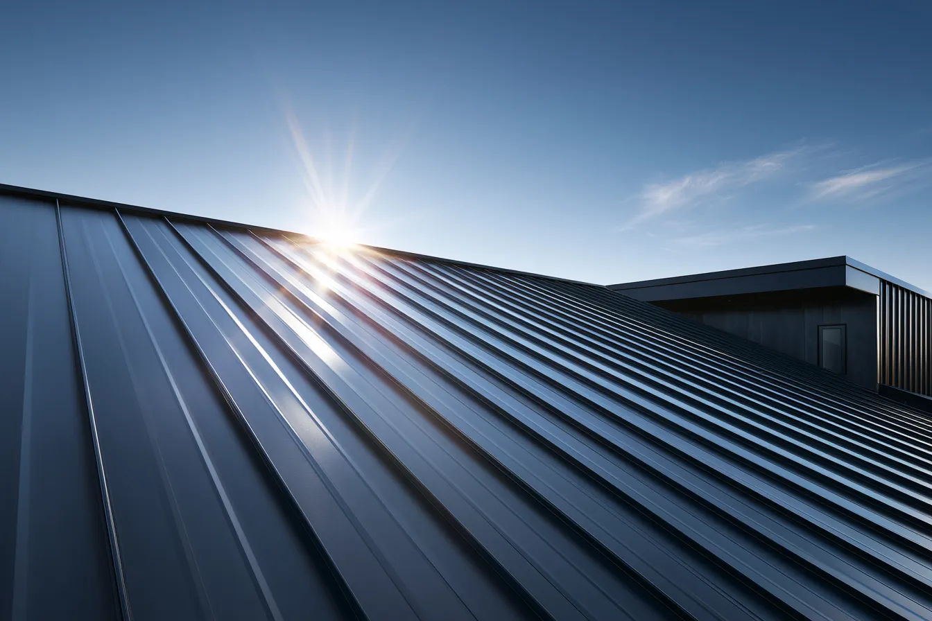 A sun flare above a dark standing seam metal roof