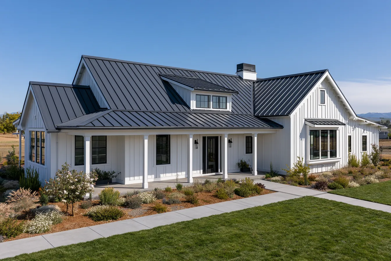 Charcoal standing seam metal roof topping a white farmhouse style home beneath blue sky