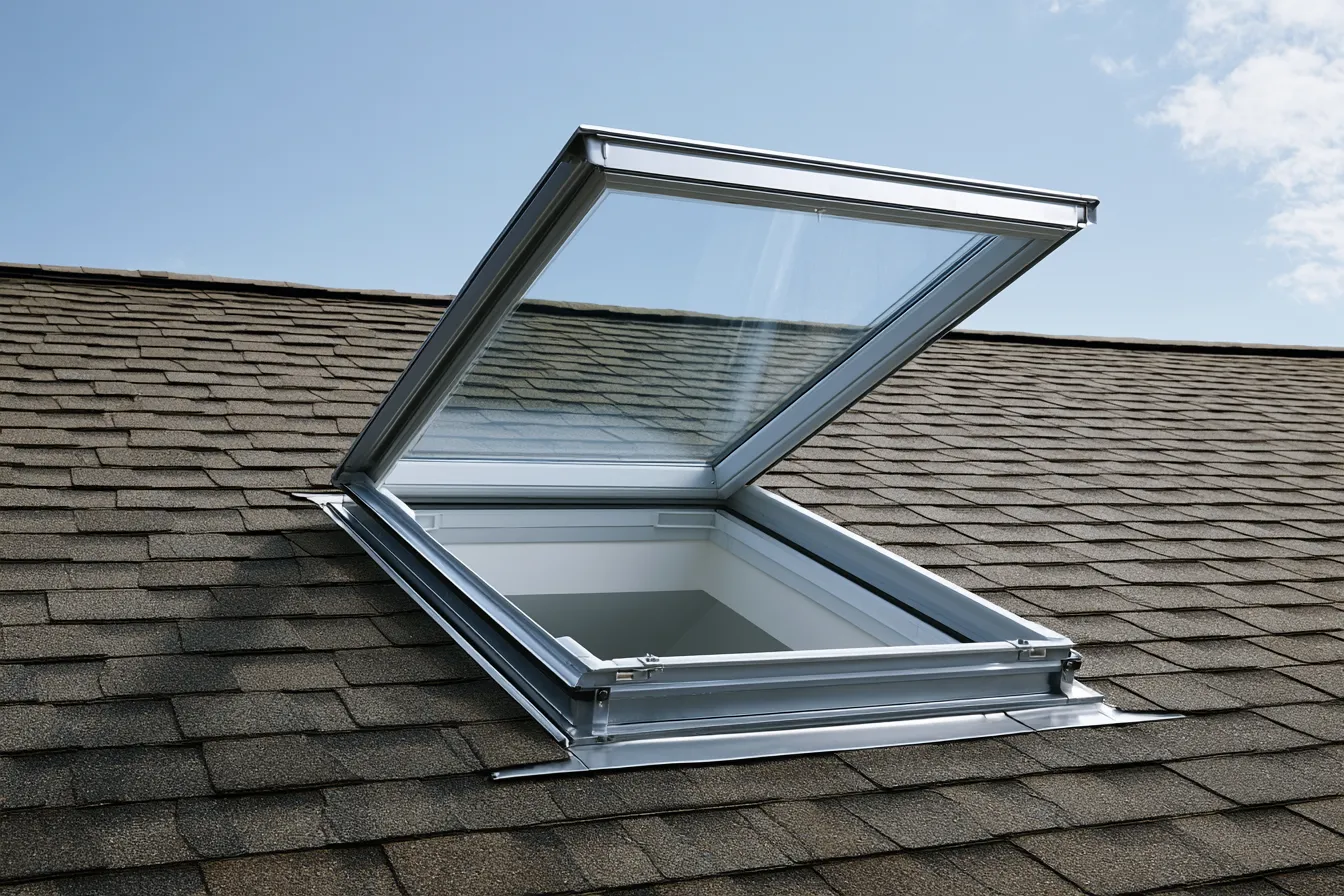 Aluminum-framed skylight tilted open on a shingle roof under blue sky