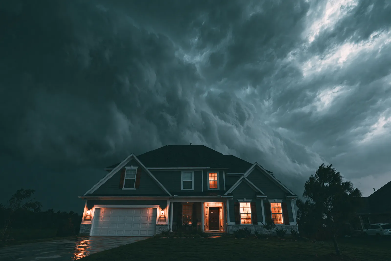A lit house at dusk sits beneath a churning storm sky